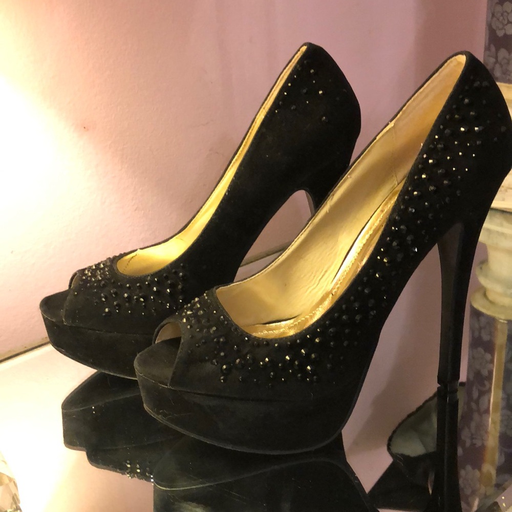 Black crystal and ultra suede peep toe shoes